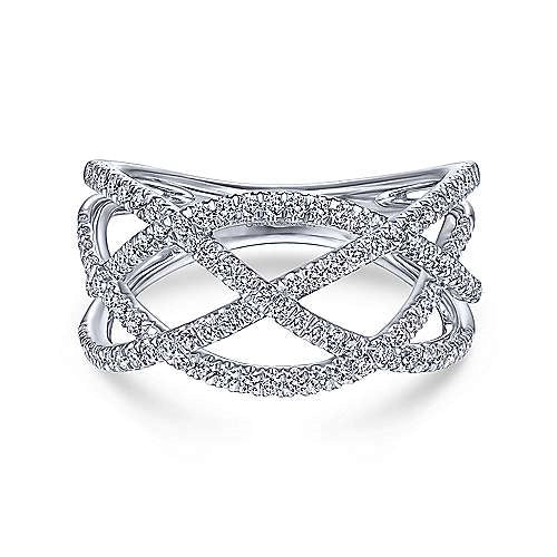 14K White Gold Fancy Diamond Ring, Open Criss Cross Design