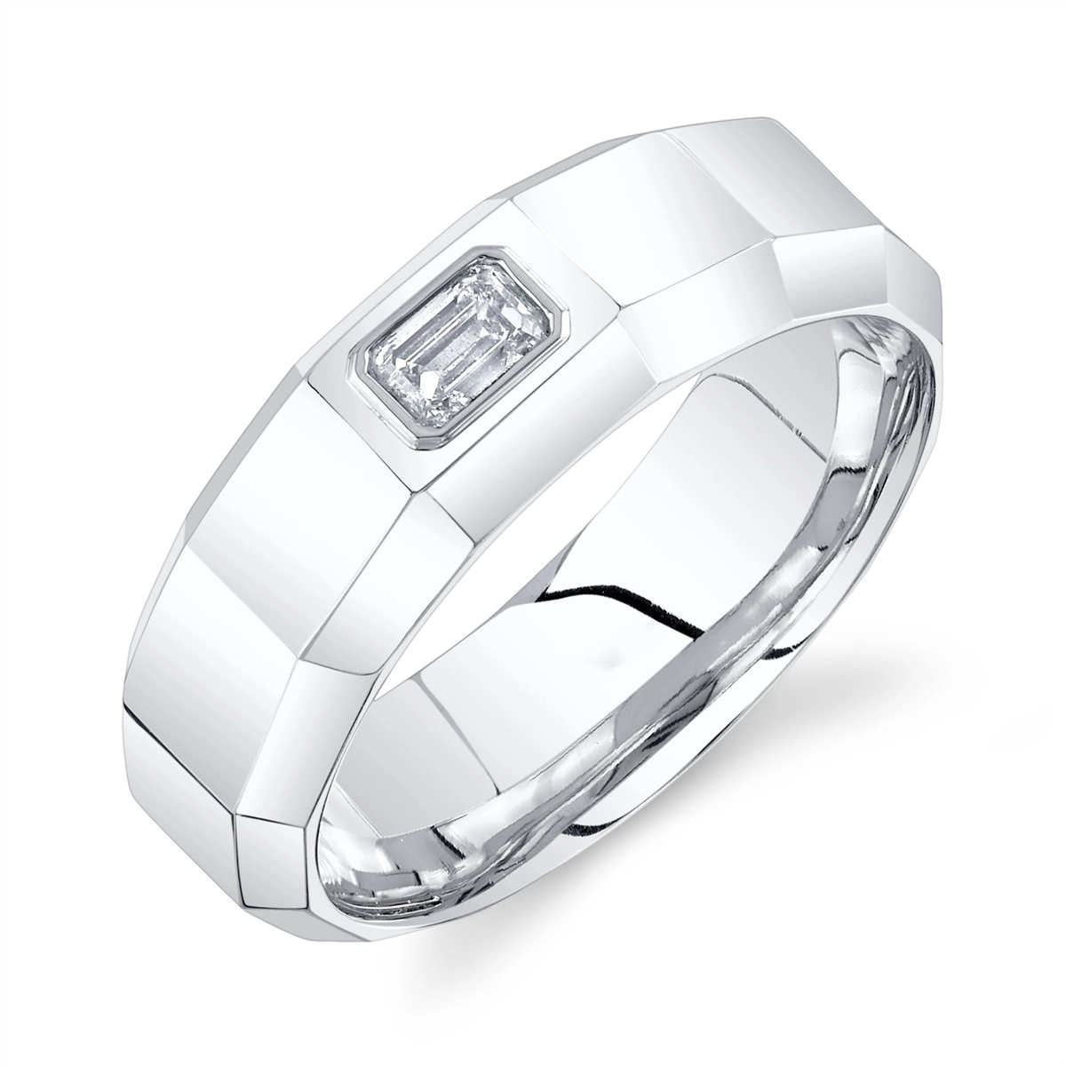 14K White Gold Men's Faceted Emerald Cut Diamond Band