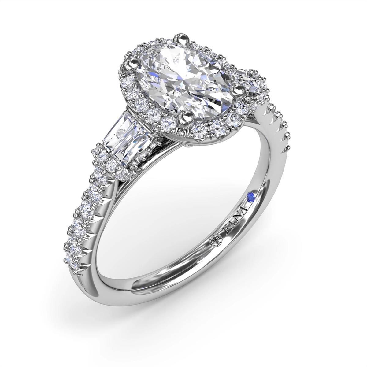 14K White Gold Semi Mount Diamond Ring with Oval Halo and Round and Baguette Diamond Shank