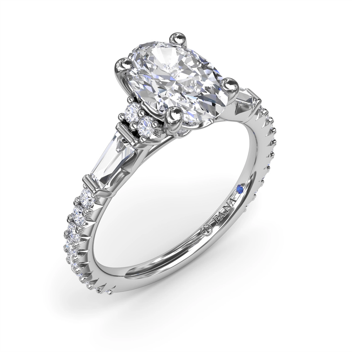 14K White Gold Semi Mount Diamond Ring with Tapered Baguette and Round Diamonds