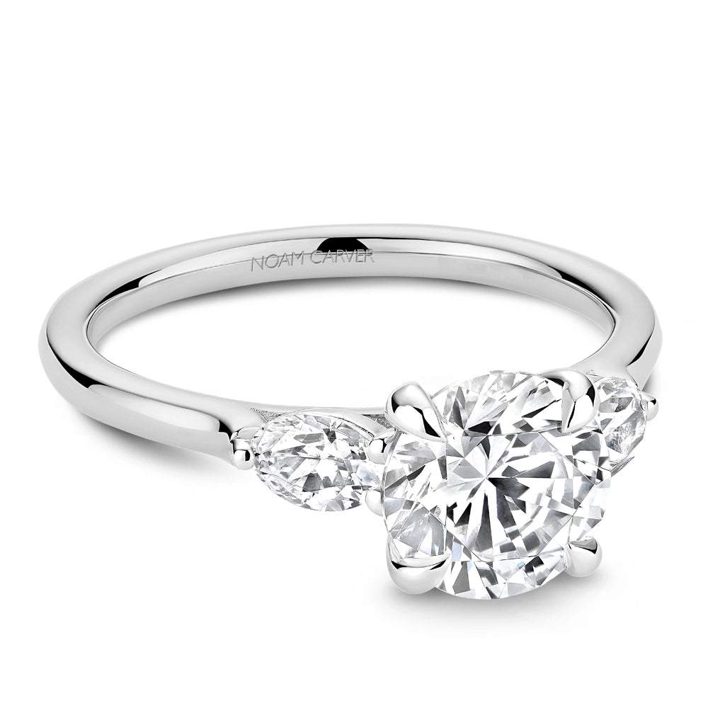 14K White Gold Three Stone Ring with Oval Diamond Sides