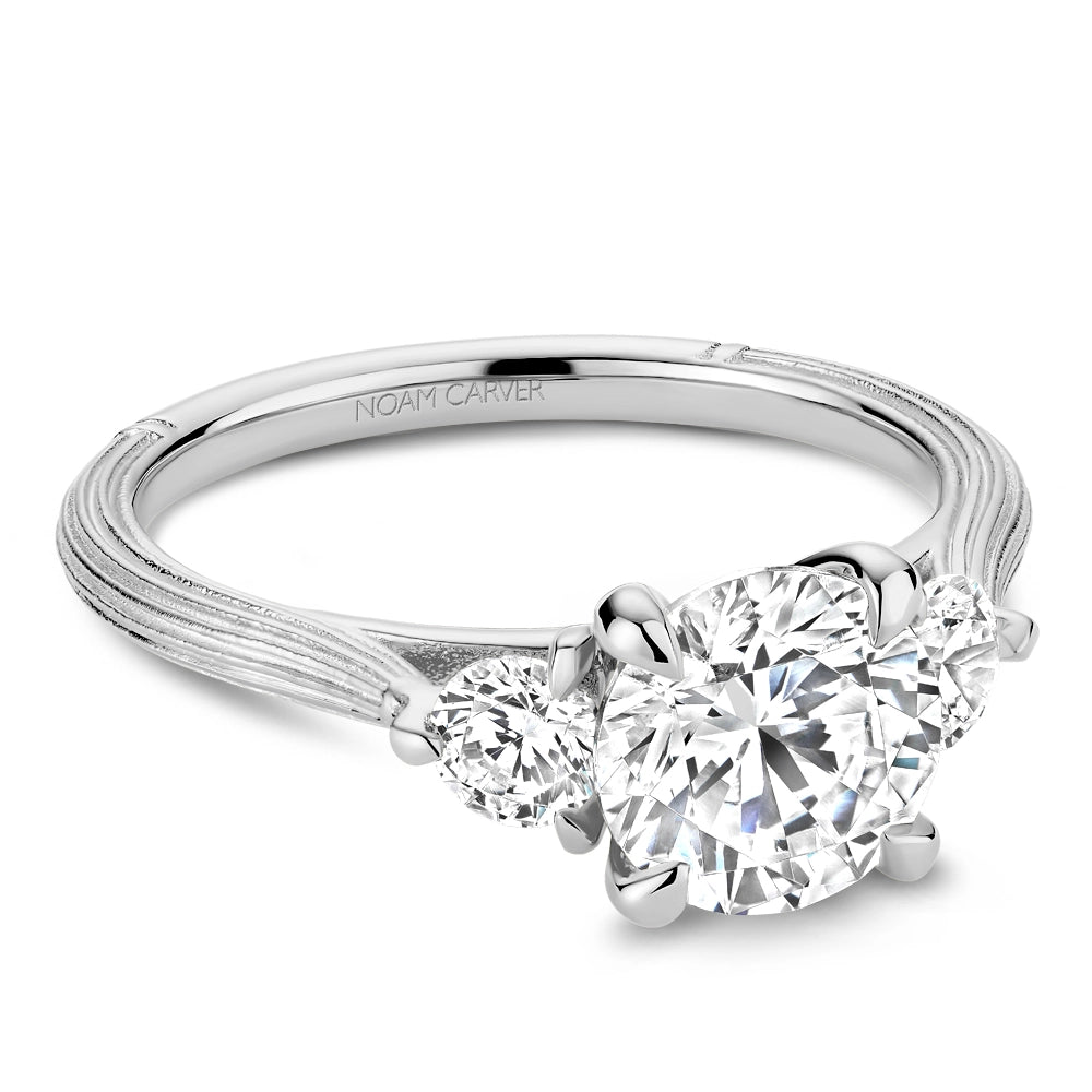 14K White Gold Three Stone Ring with Round Diamond Sides