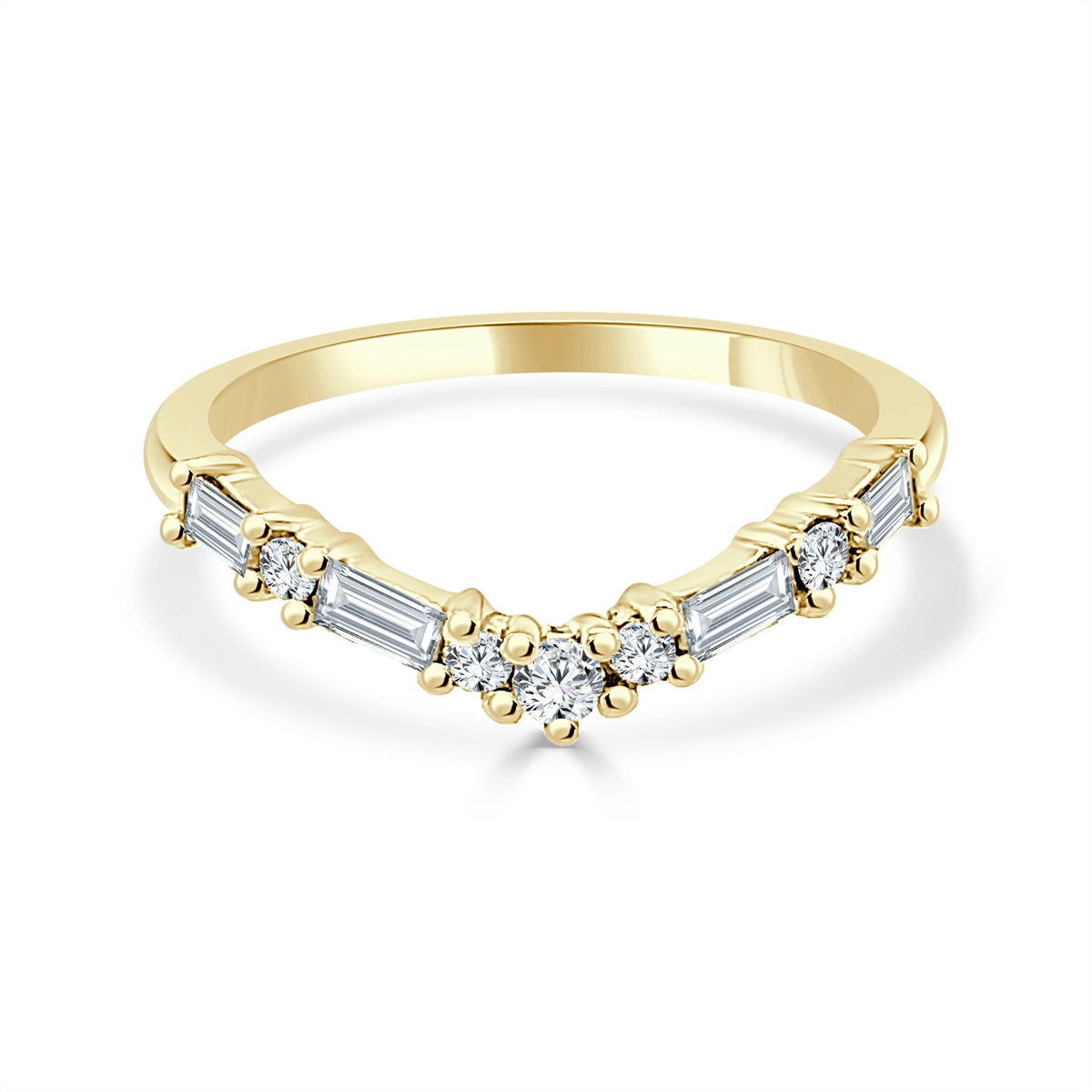 14K Yellow Gold Curved Band with Round and Baguette Diamonds