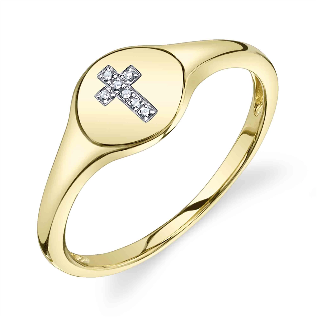 14K Yellow Gold Diamond Cross Signet Ring