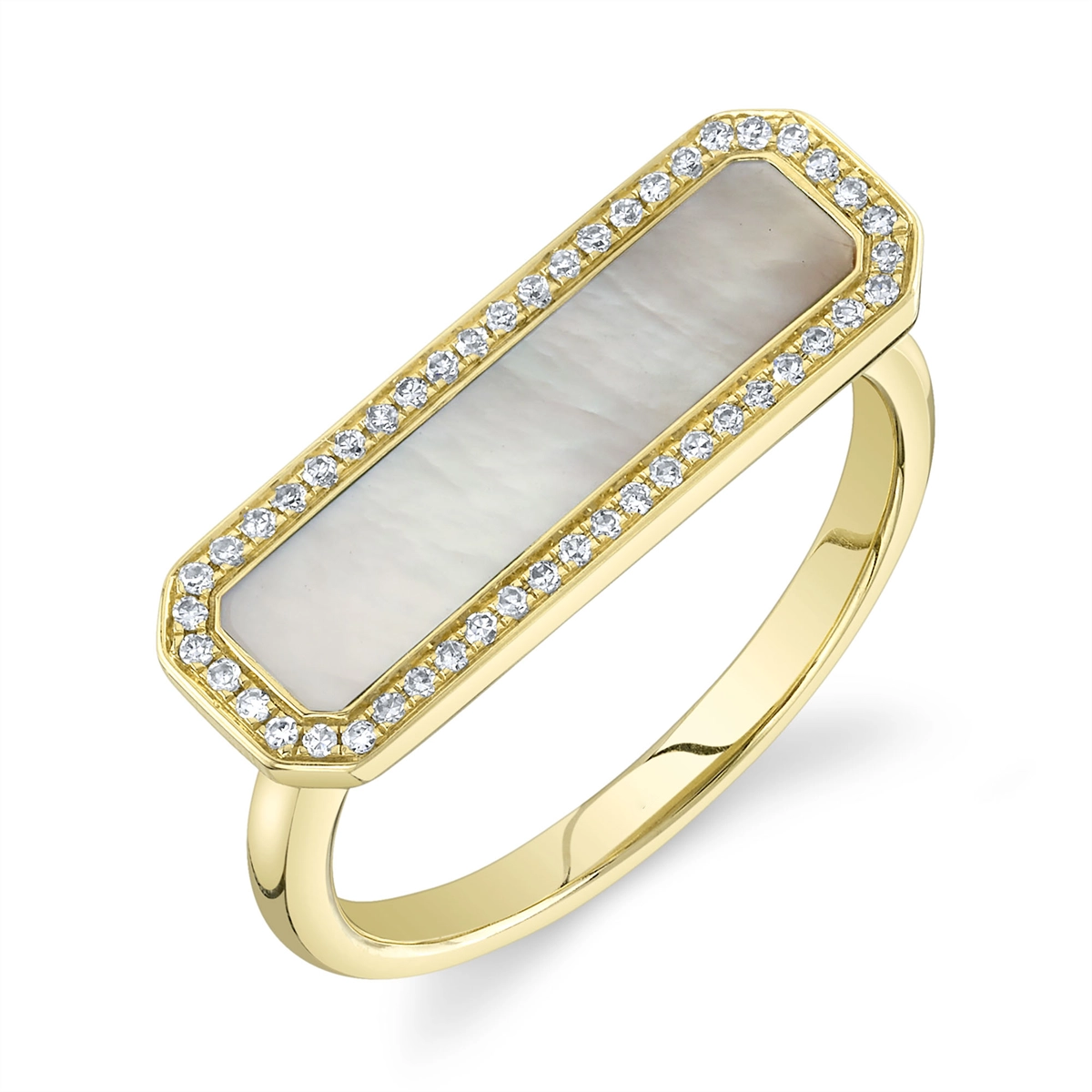 14K Yellow Gold East to West Mother of Pearl with Diamond Halo Ring