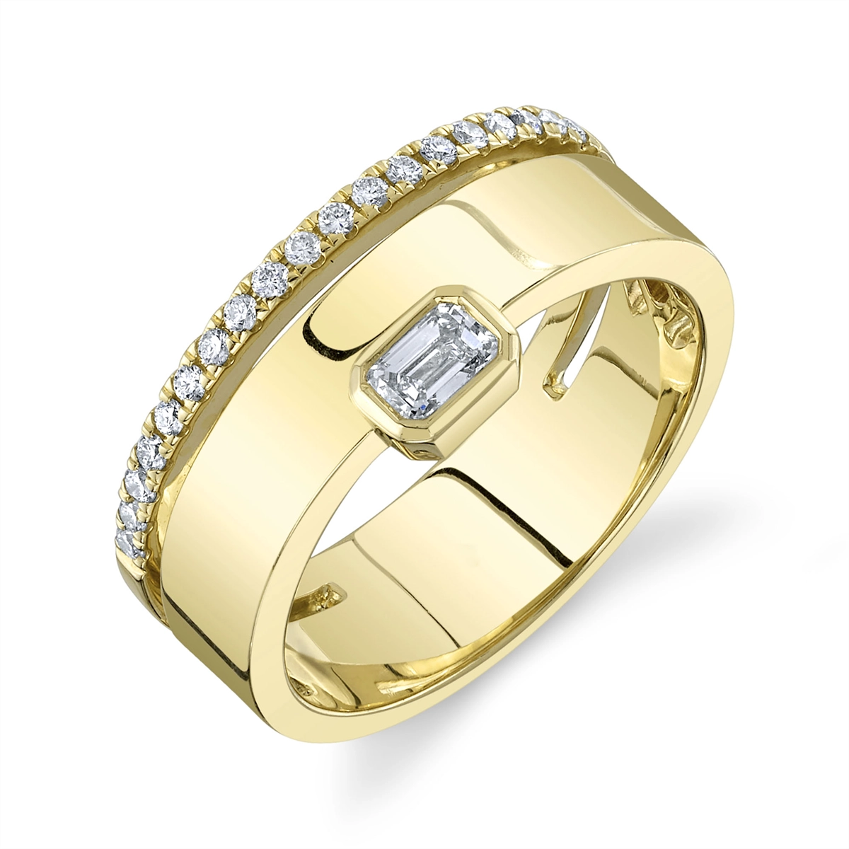 14K Yellow Gold Emerald Cut Diamond Band with Diamond Band