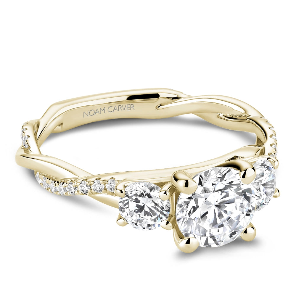 14K Yellow Gold Three Stone Ring with Round Diamond Sides and Diamond Twisted Shank