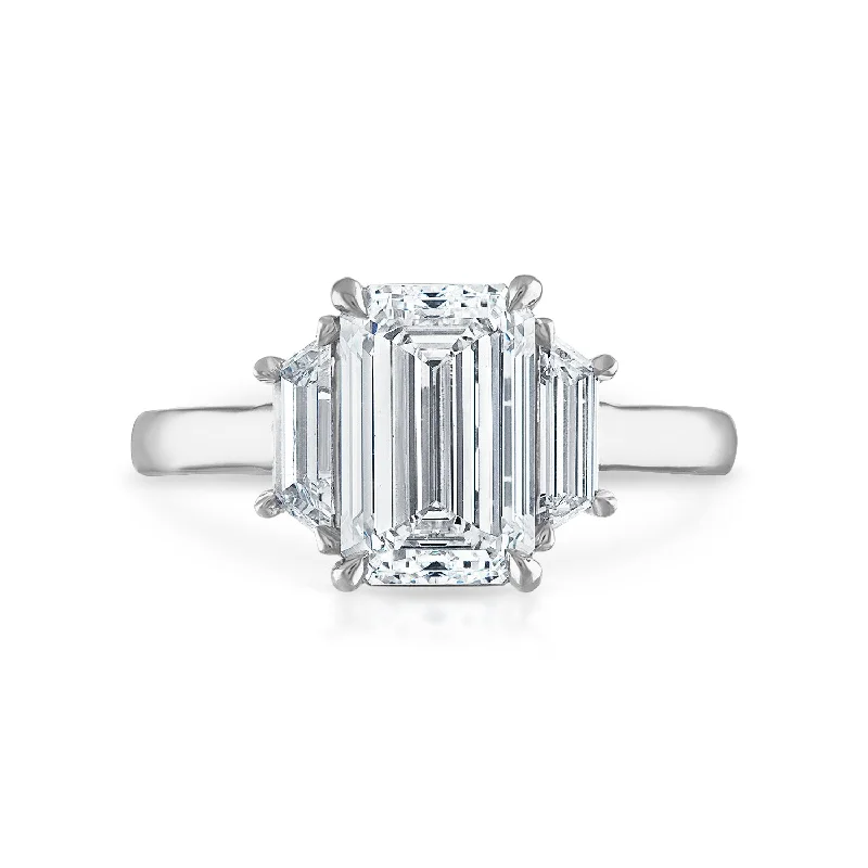 Emerald Cut Three-Stone Engagement Ring with Trapezoid Side Stones