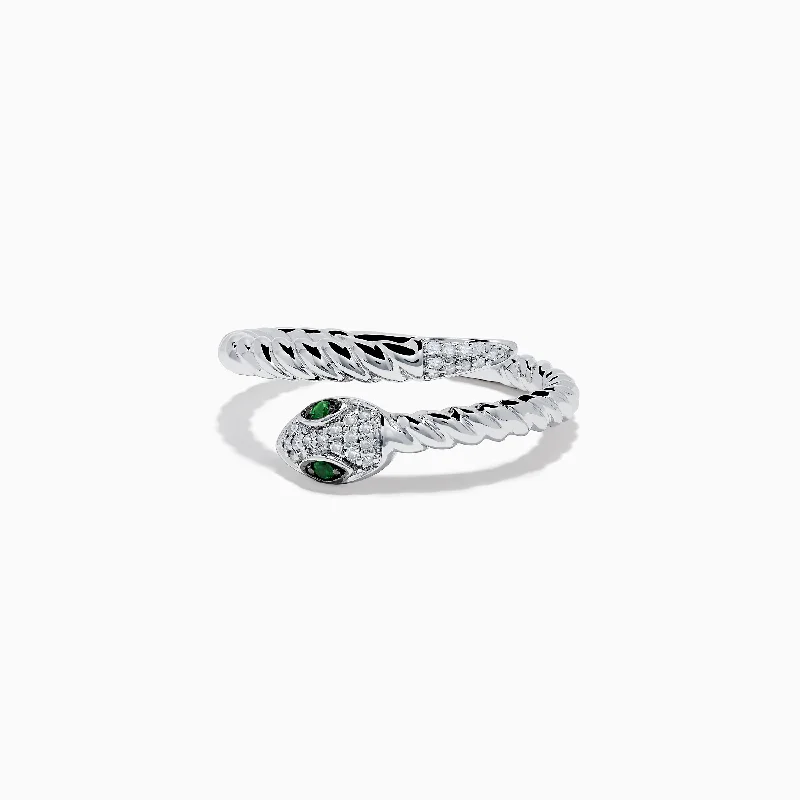 925 Sterling Silver Diamond and Tsavorite Snake Ring