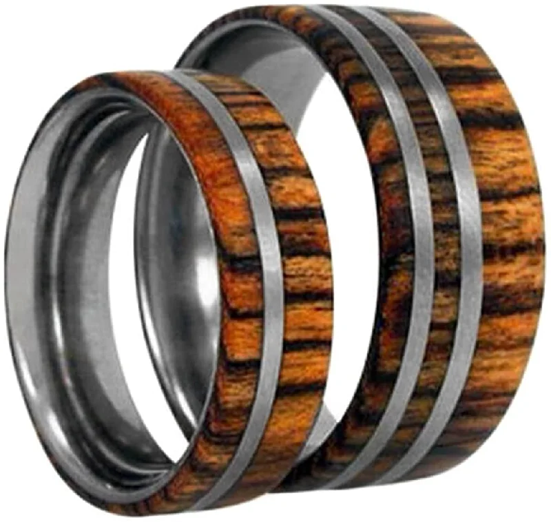 Amazon Rosewood, Titanium Pinstripes Ring, Couples Wedding Band Set, M14.5-F7