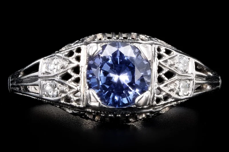 Art Deco 18K White Gold 1.10 Carat Natural Sapphire and Diamond Ring