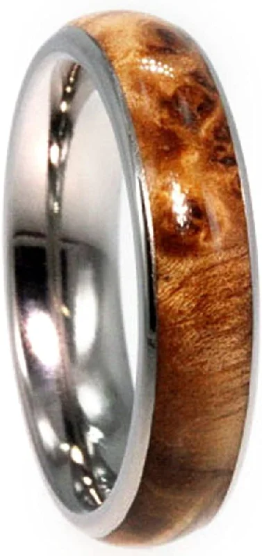 Black Ash Burl Wood Inlay 5mm Comfort-Fit Titanium Wedding Band, Size 15.5