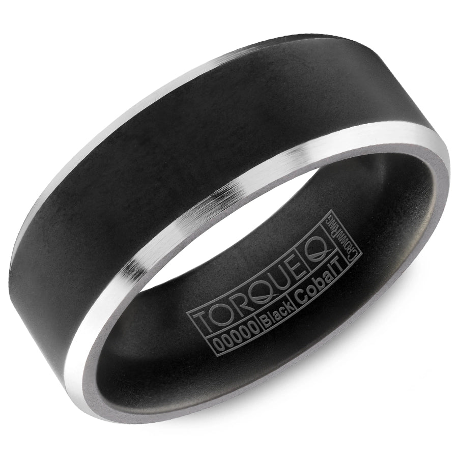 Brushed Black Cobalt and White Edge Mens Wedding Band Ring