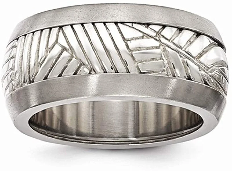 Casted Collection Titanium and Sterling Silver Inlay 11mm Leaf Two-Tone Band, Size 13