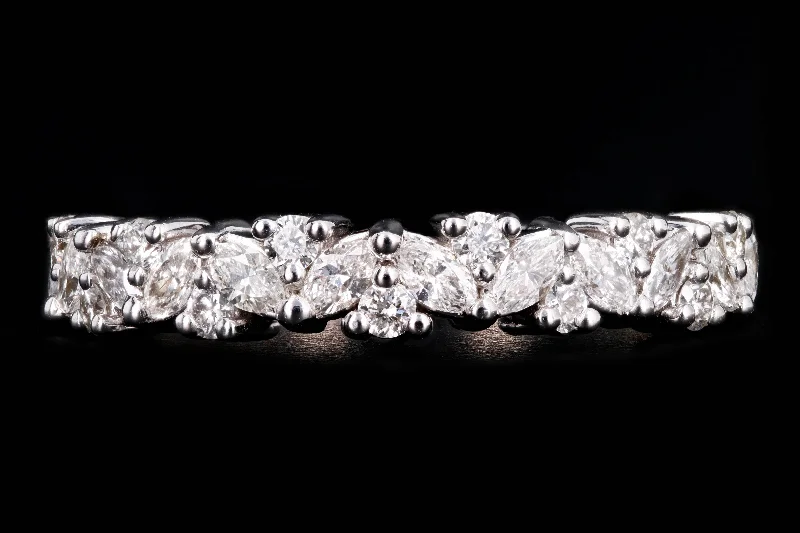 New 14K White Gold Marquise & Round Brilliant Cut Diamond Wreath Stackable Wedding Half Eternity Band