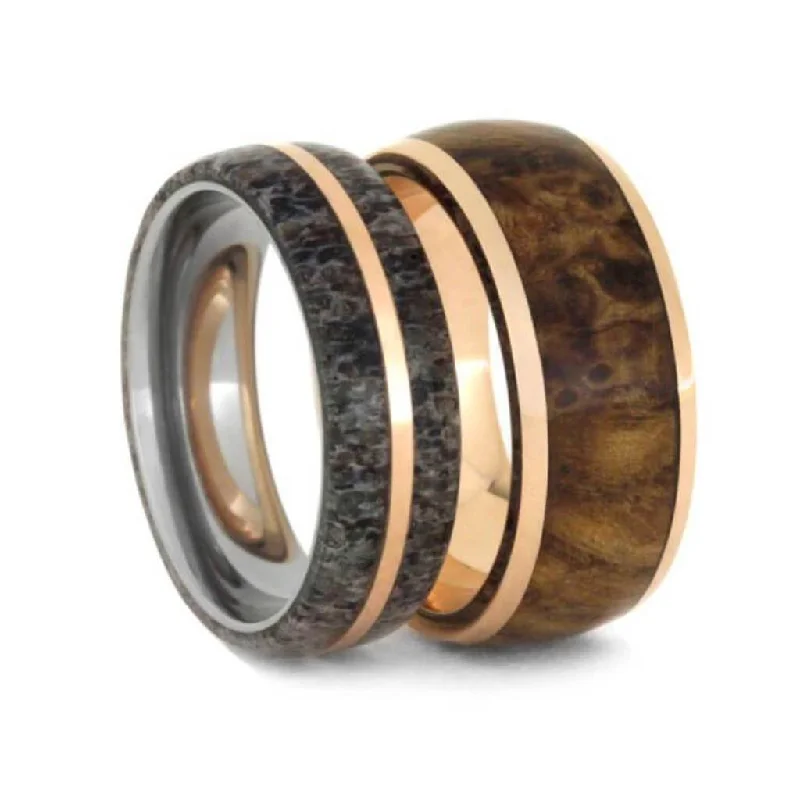 Deer Antler, Black Ash Burl Wood, 14k Rose Gold Comfort-Fit Titanium Couples Wedding Band Set