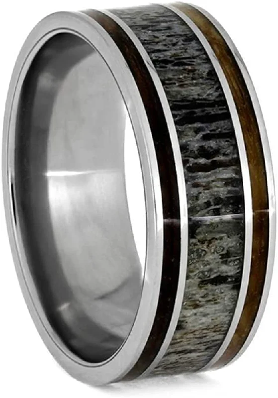 Deer Antler, Whiskey Barrel Oak Wood 9mm Titanium Comfort-Fit Wedding Ring, Size 6