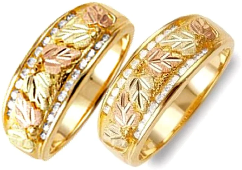 Ave 369 22-Stone Diamond Bands, 10k Yellow Gold, 12k Green and Rose Gold Black Hills Gold Motif Couples Wedding Ring Set