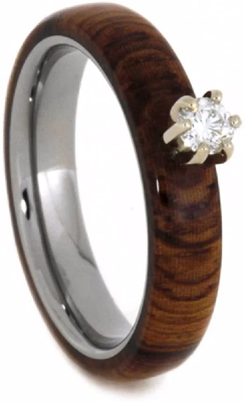 Diamond Solitaire Honduran Rosewood 4mm Comfort-Fit Titanium Wedding Band, Size 4.5