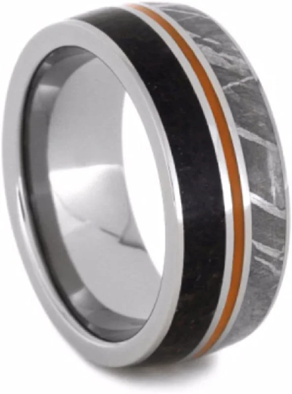 Dinosaur Bone, Gibeon Meteorite, Orange Stripe 9mm Comfort-Fit Titanium Wedding Band, Size 13.75