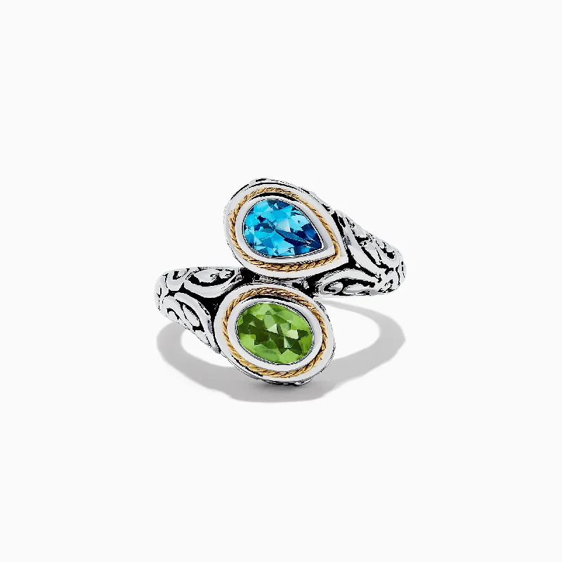 925 Sterling Silver & 18K Gold Blue Topaz and Peridot Ring, 1.95 TCW