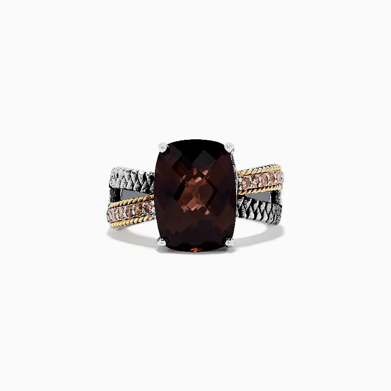 925 Sterling Silver & 18K Gold Smokey Quartz and Diamond Ring