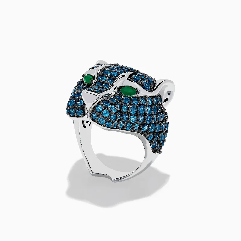 925 Sterling Silver Blue Topaz and Green Onyx Panther Ring