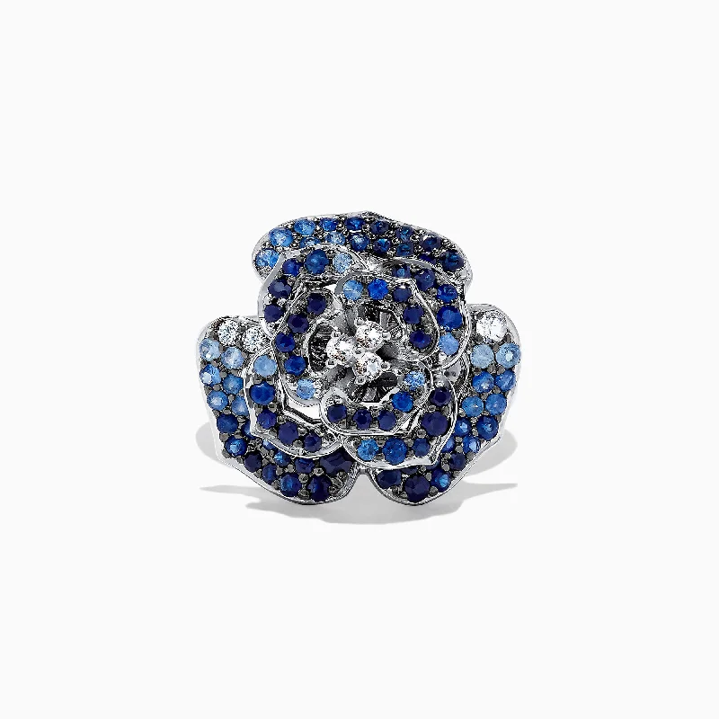 925 Sterling Silver Blue & White Sapphire Splash Flower Ring, 1.70 TCW