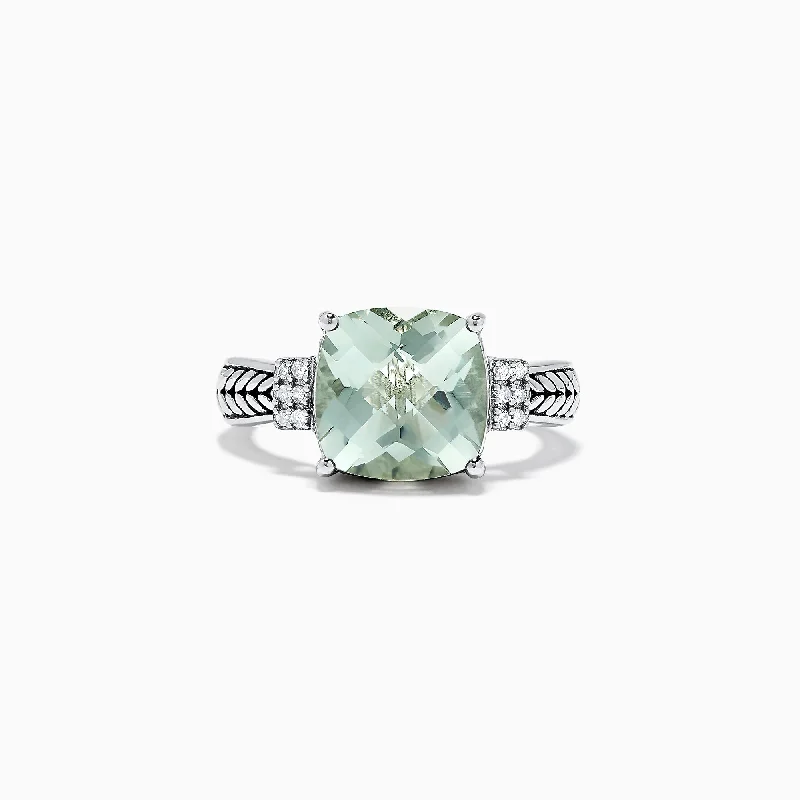 925 Sterling Silver Green Amethyst and Diamond Ring 4.06 TCW