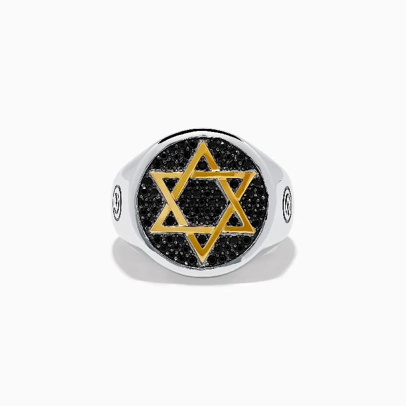 Men's 925 Sterling Silver and Gold Plated Black Spinel Star of David Ring