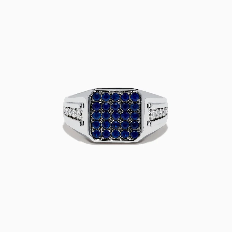 Men's 925 Sterling Silver Blue Sapphire and Diamond Ring