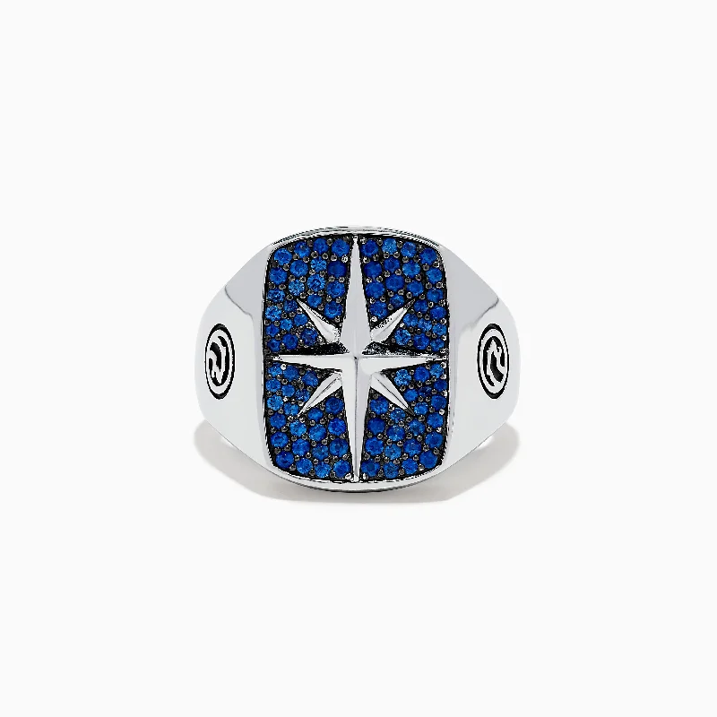 Men's 925 Sterling Silver Blue Sapphire Compass Ring