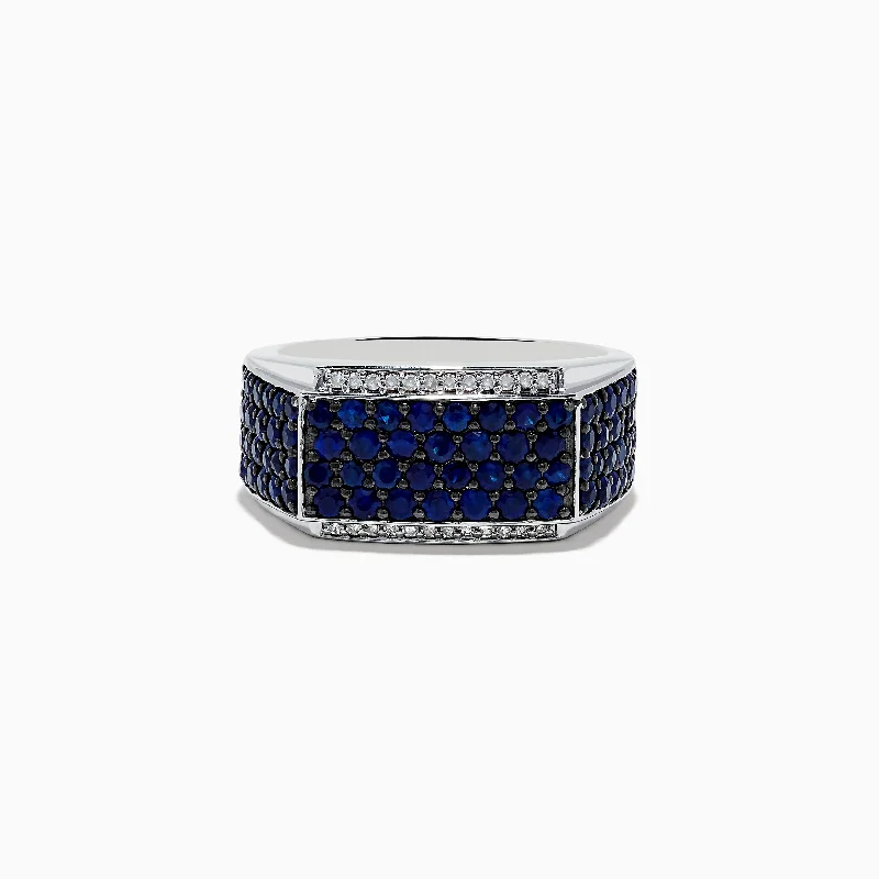 Men's 925 Sterling Silver Diamond and Blue Sapphire Ring