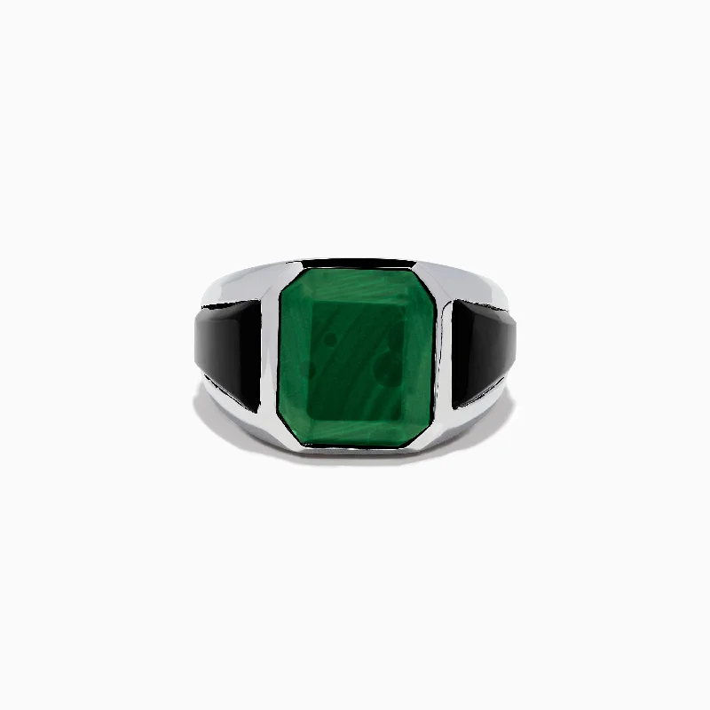 Men's 925 Sterling Silver Malachite and Onyx Ring