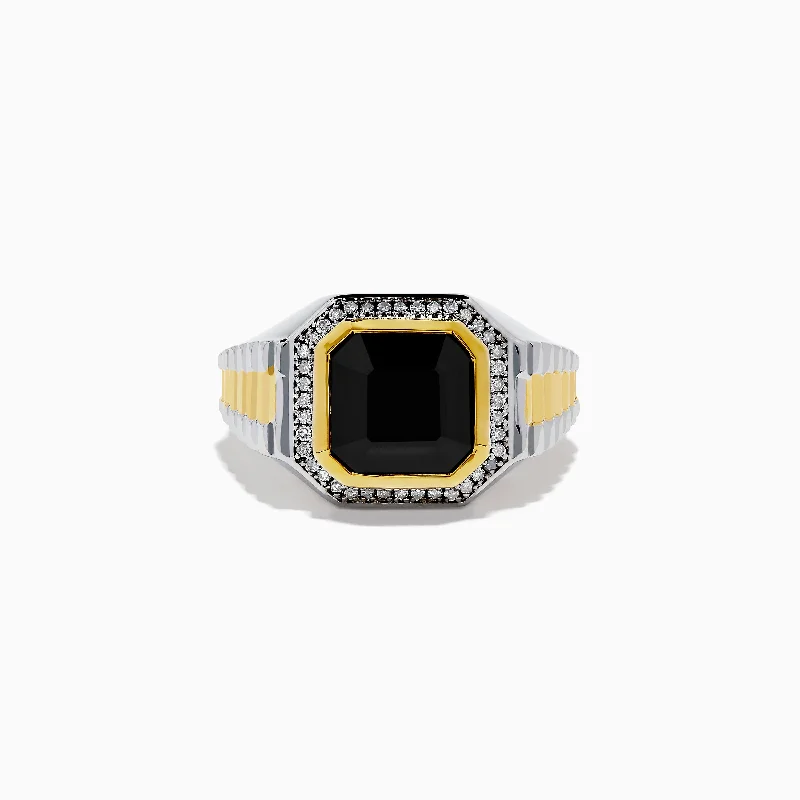 Men's 925 Sterling Silver Onyx and Diamond Gold Plated Ring