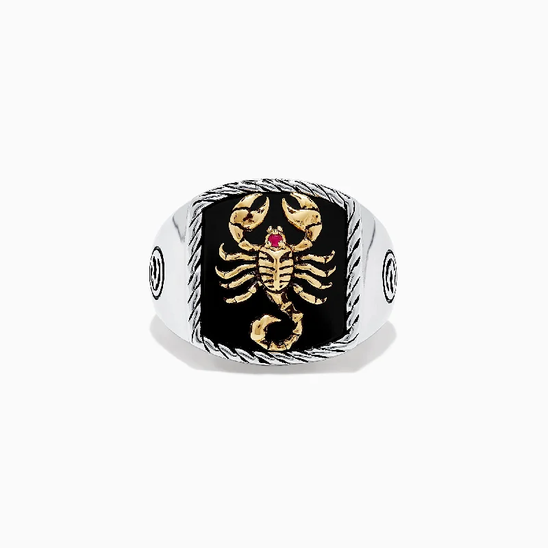 Men's Silver & 14K Gold Plating Onyx and Ruby Scorpion Ring, 5.00 TCW