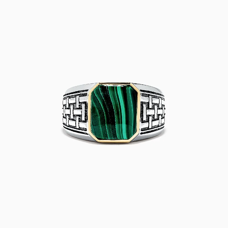 Men's Sterling Silver and 14K Yellow Gold Malachite Ring, 6.05 TCW