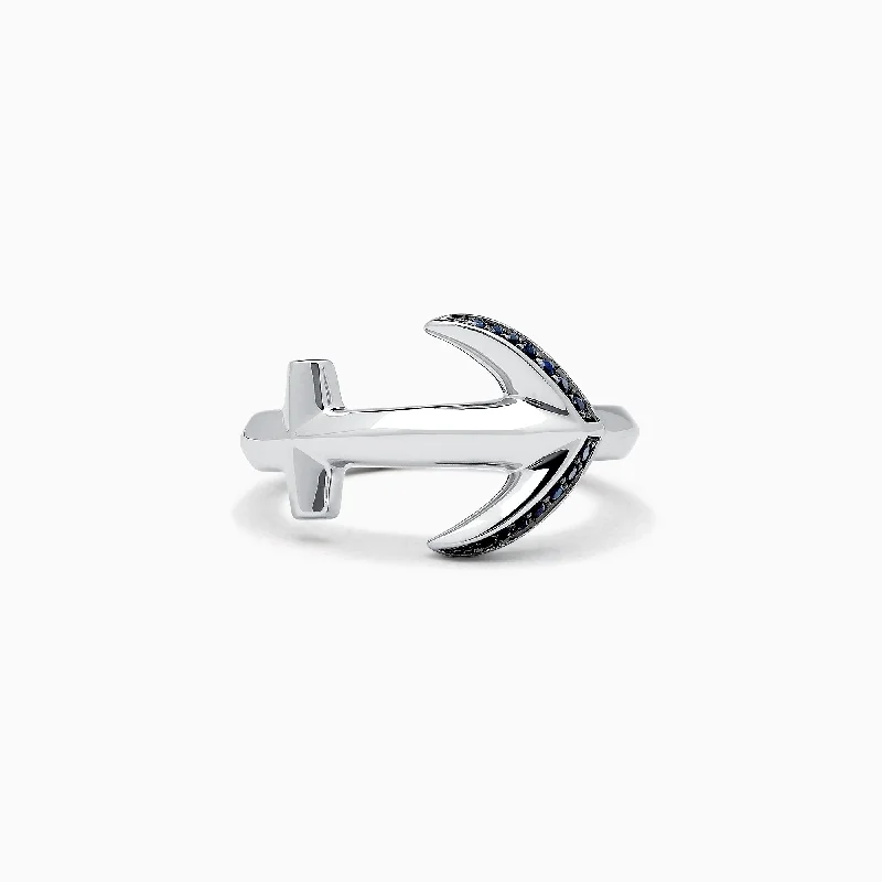 Men's Sterling Silver and Black Sapphire Anchor Ring, 0.14 TCW