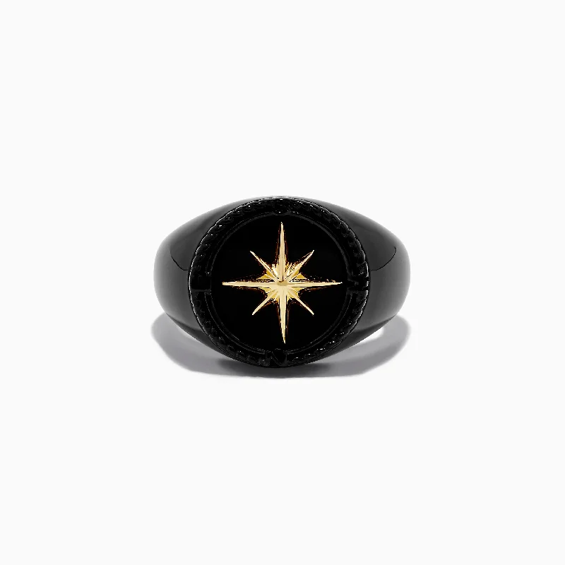 Men's Sterling Silver and Yellow Gold Onyx Compass Ring