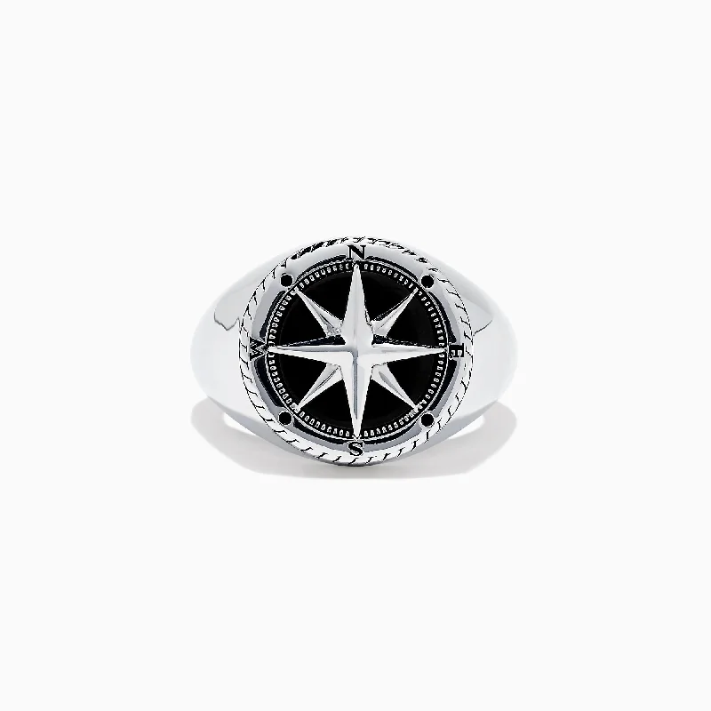 Men's Sterling Silver Onyx Compass Ring, 2.61 TCW