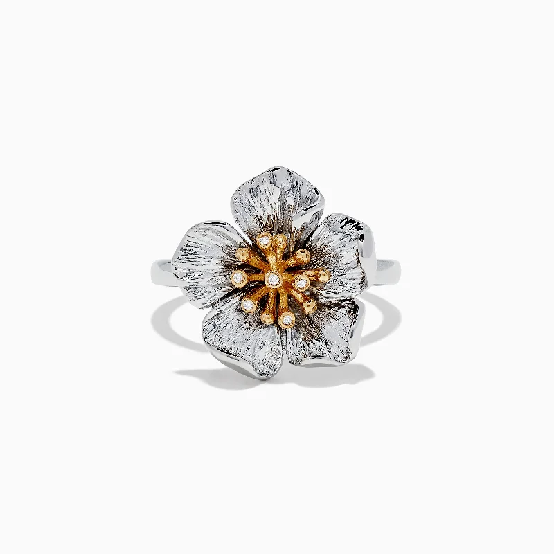 Nature Sterling Silver & 18K Gold Diamond Flower Ring, 0.02 TCW