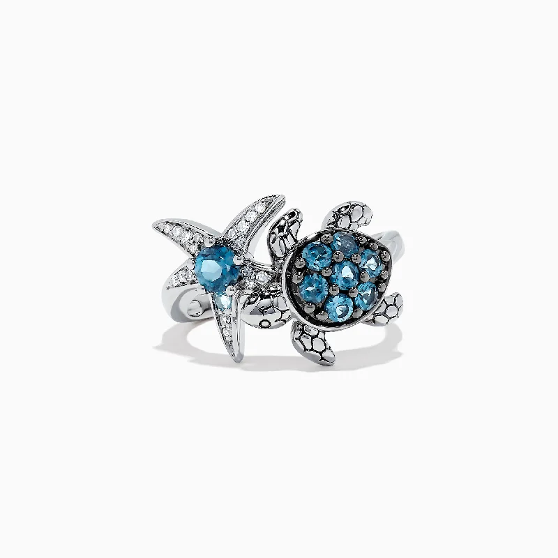 Seaside S. Silver Topaz & Diamond Turtle and Starfish Ring, 1.06 TCW