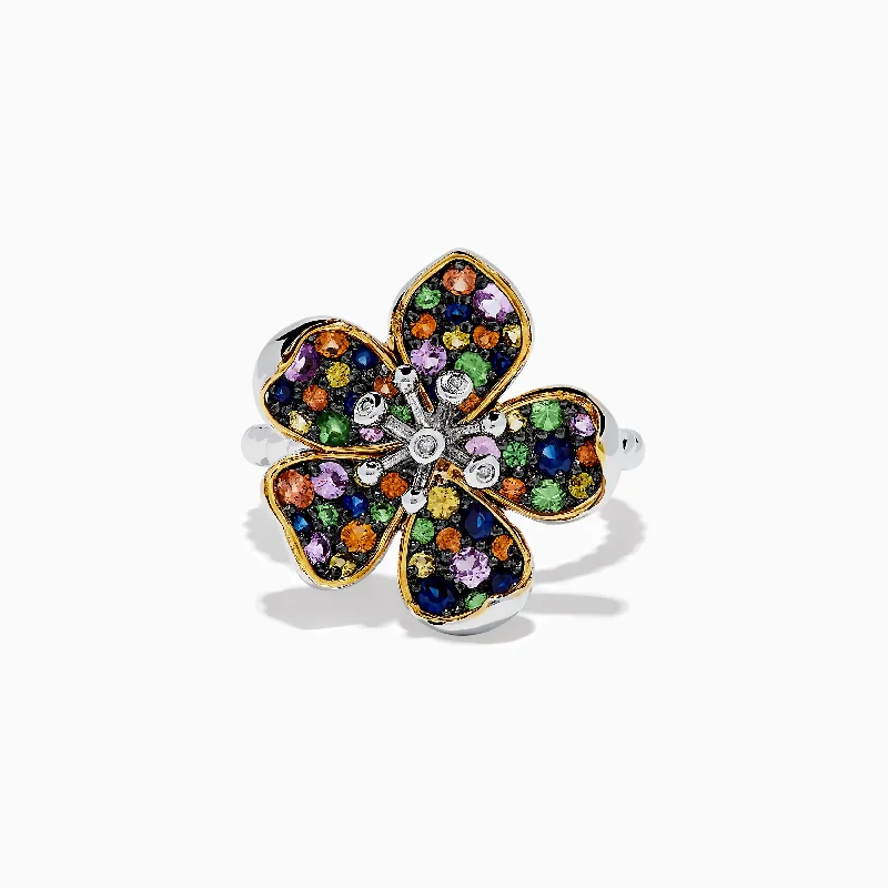 Splash Sterling Silver Diamond and Mulit Sapphires Flower Ring