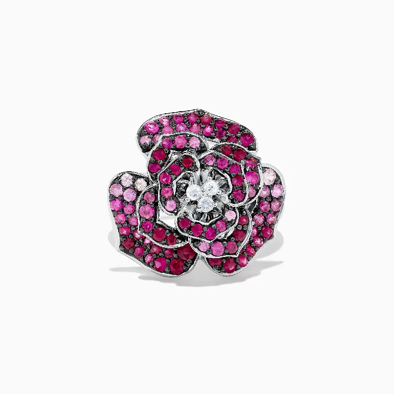 Splash Sterling Silver Pink Sapphire and Ruby Flower Ring, 1.60 TCW