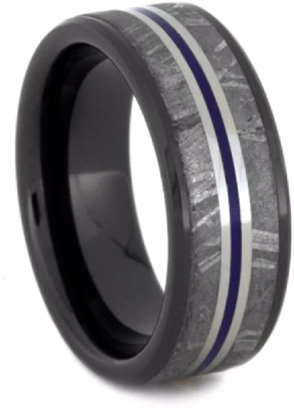 Gibeon Meteorite, Blue Pinstripe 8mm Comfort-Fit Black Ceramic Wedding Band, Size 5.5