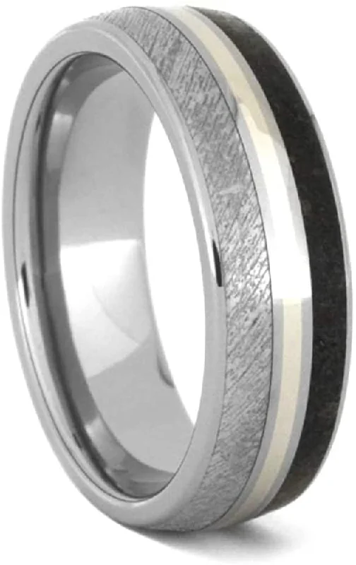 Gibeon Meteorite, Dinosaur Bone, 14k White Gold 7mm Titanium Comfort-Fit Wedding Band, Size 14.25