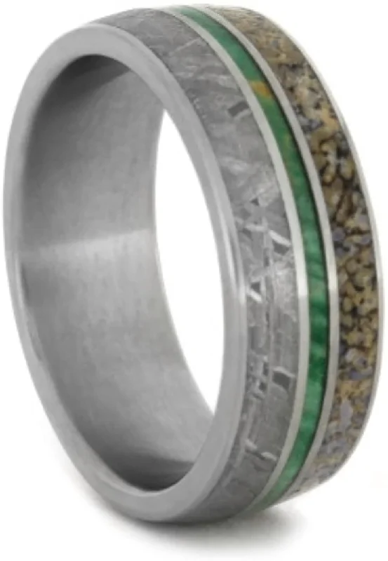 The Men's Jewelry Store (Unisex Jewelry) Gibeon Meteorite, Green Box Elder Burl Wood, Dinosaur Bone 8mm Comfort-Fit Matte Titanium Wedding Band