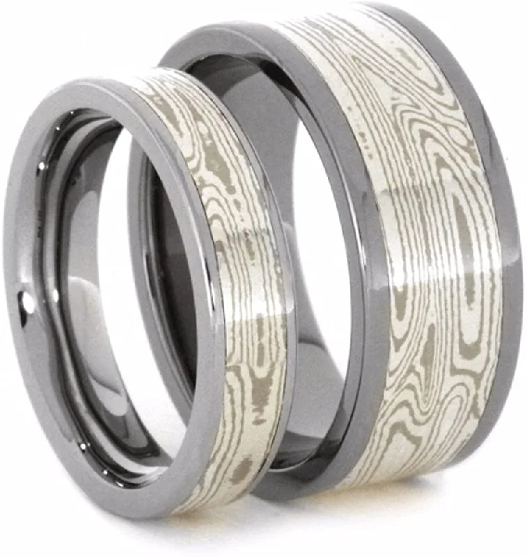 His and Hers Wedding Set, Palladium, White Gold, Mokume Gane Titanium Wedding Bands, M13.5-F4