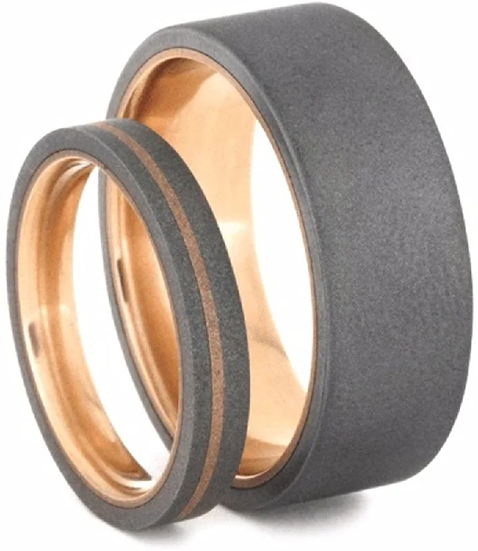 His and Hers Wedding Set, Sandblast Titanium Overlay, Comfort-Fit 14k Rose Gold Wedding Bands, M8-F7