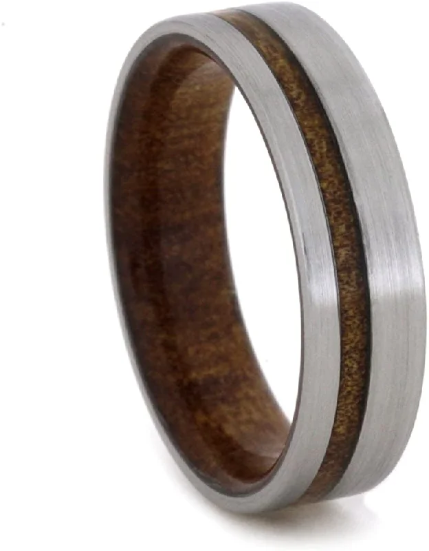 Kauri Wood Inlay 6mm Comfort-Fit Brushed Titanium Wedding Band, Size 10.75